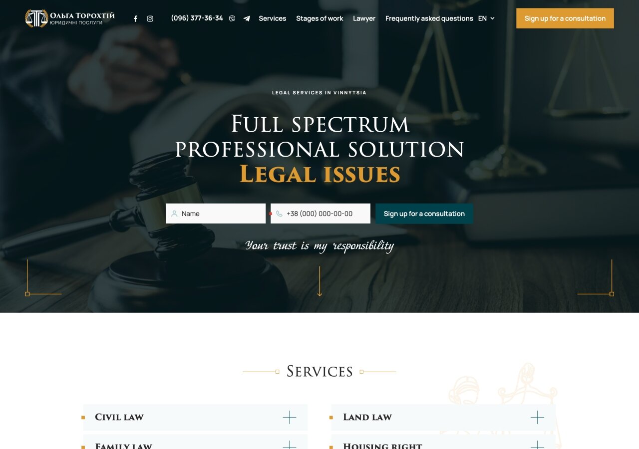 site development Jednostronicowa strona internetowa adwokata Torokhtii